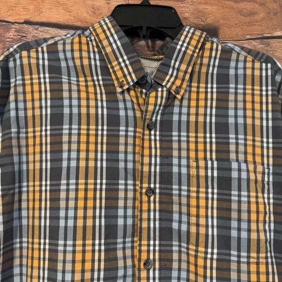 Eddie Bauer Men XXL Plaid Button Up Shirt Orange Gray Short Sleeve Outdoor Camp - Picture 2 of 10